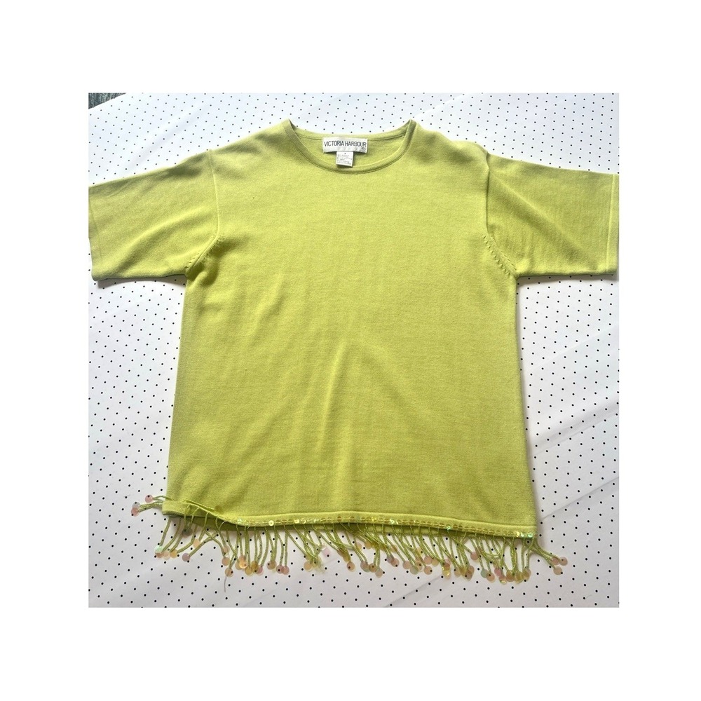 VTG Y2K Pistachio Knit Sweater Beaded Fringe Hem 3/4 Sleeve S Coastal Grandma